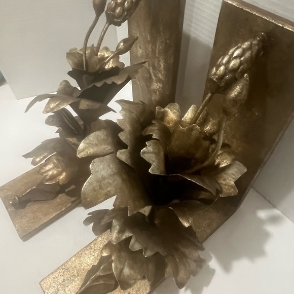 UTTERMOST Wood and Gold Brushed Metal Flower Design Vintage Bookends - RARE - Picture 3 of 10